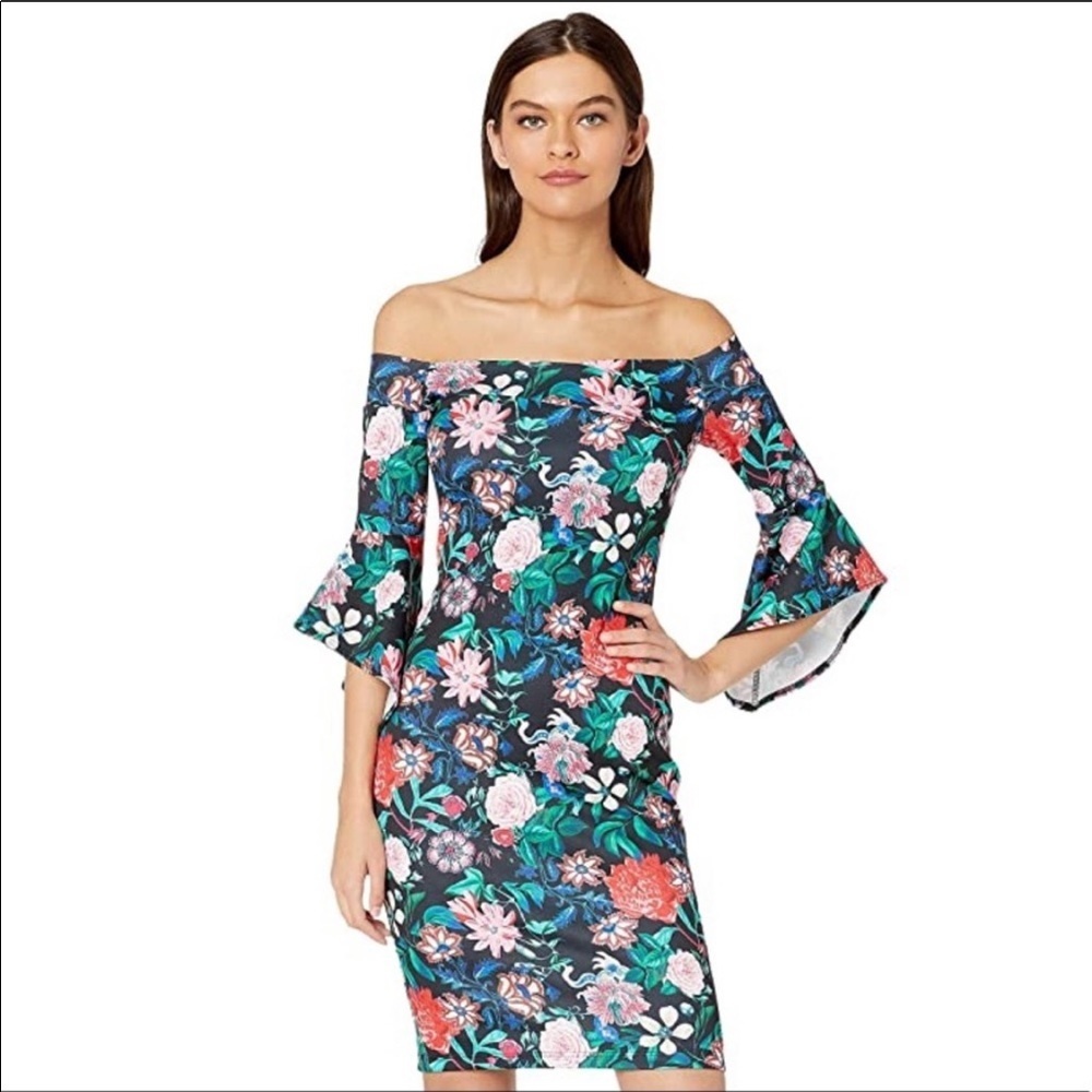 Y2K Bebe Black Floral Off Shoulder Bell Sleeve Dress women’s size‎ 10